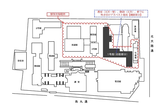 解体対象範囲と吹き付けアスベストの使用範囲