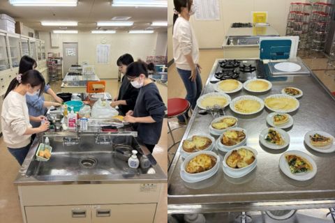 学生4名が料理をする様子と出来上がった料理の写真