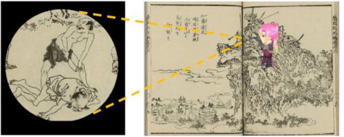 『絵本豊臣勲功記』第五編巻三「加藤清正蜂須賀家政大勇を以て鳥取城を熟観す」（画像右）をもとに、同「鳥取城中飢渇人馬を喰ふ」（画像左・部分）を望遠鏡で覗いて鑑賞する。