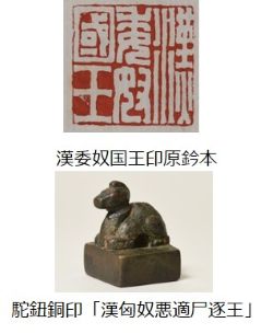 上 漢委奴国王印原鈐本　下 駝鈕銅印「漢匈奴悪適尸逐王」